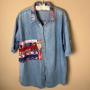 Vintage Patriotic Denim Shirt Cassee's Womens XXL USA Flag Applique America Top